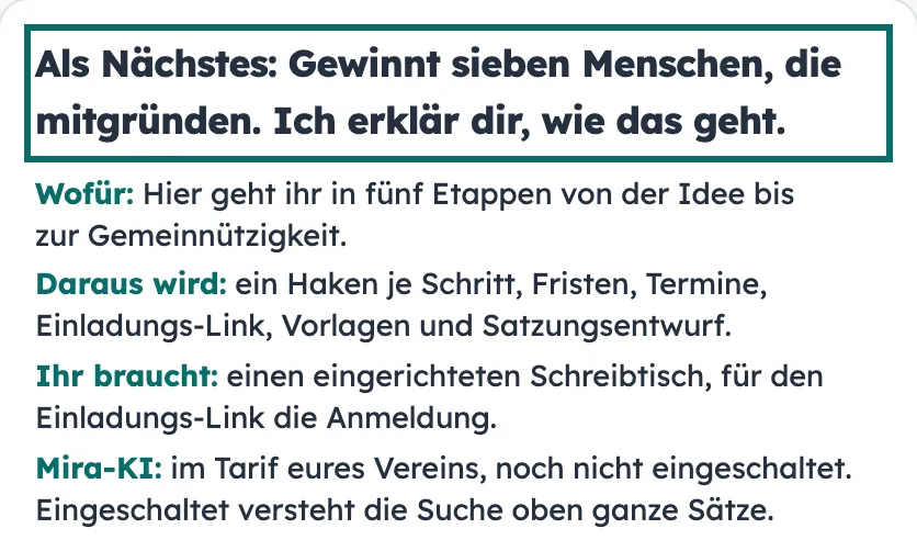 Beispiel: Mira im Gründungsplan nennt den nächsten Schritt; Mira-KI ist noch nicht eingeschaltet.