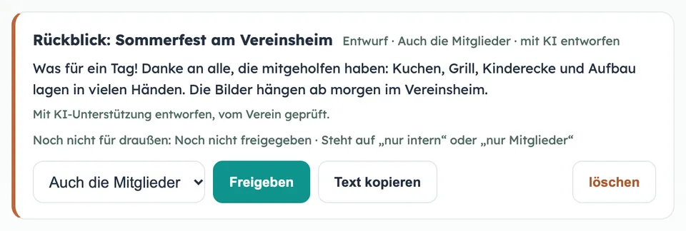 Beispiel: Beitrags-Entwurf „Rückblick: Sommerfest am Vereinsheim“, mit KI entworfen und gekennzeichnet, darunter der Knopf Freigeben.