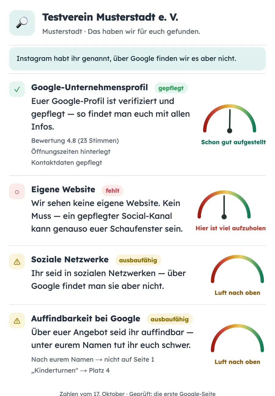 Beispiel: Ergebnis des Sichtbarkeitschecks: Google-Profil gesetzt, Website offen, Social Media und Auffindbarkeit teilweise